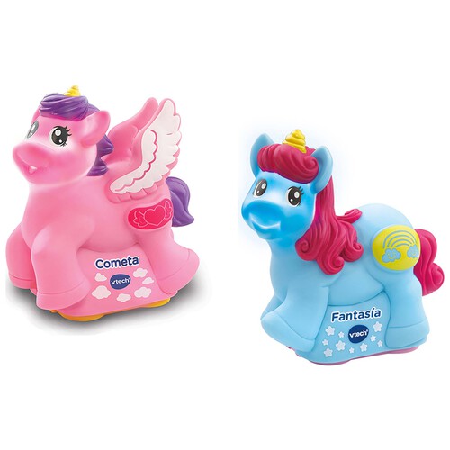 Pack de 2 unicornios, Cometa y Fantasía, con rudas, luz, frases y sonidos, VTECH Tut Tut Animals.