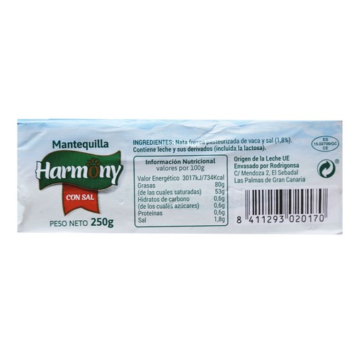 HARMONY Pastilla de mantequilla con sal 250 g.