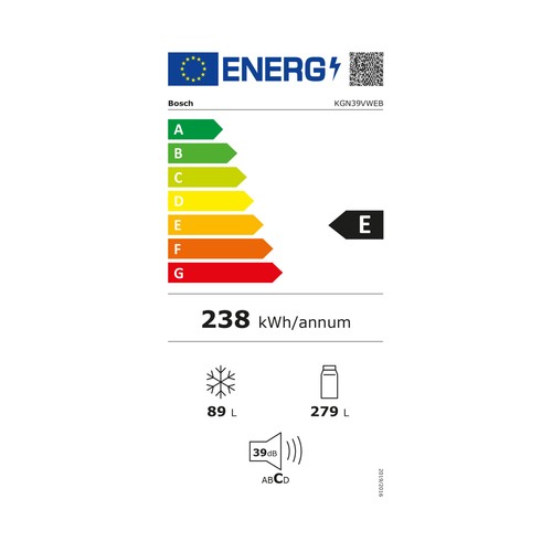 Frigorífico combi 203cm BOSCH KGN39VWEB, No Frost, clasificación energética: E, H: 203cm, A: 60cm, F: 60cm, capacidad total: 368L.