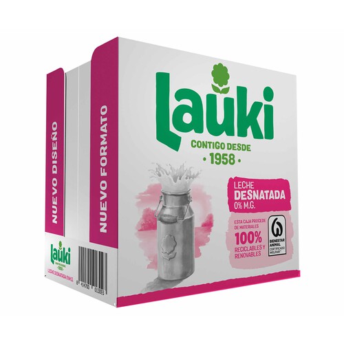 LAUKI Leche desnatada (0% materia grasa) de vaca, de origen 100% español 6 x 1l.