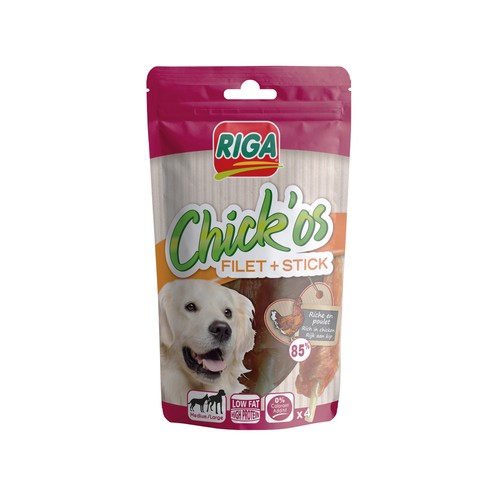 RIGA Bocaditos con sabor a pollo para perros RIGA CHICK'OS 4 uds x 75 g.