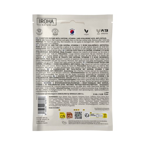 IROHA NATURA Parches antifatiga para el contorno de ojos con cafeína y vitamina C 2 uds.