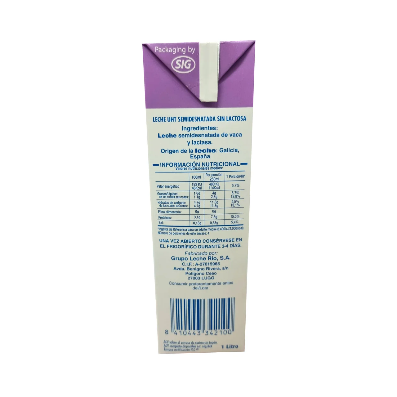 L.R. Leche semidesnatada de vaca, sin lactosa 1l.