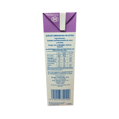 L.R. Leche semidesnatada de vaca, sin lactosa 1l.