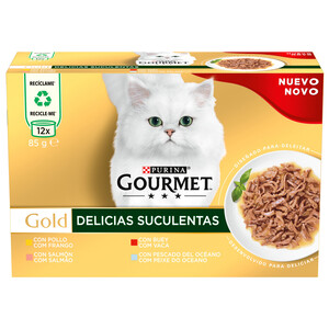 Imagen de PURINA Gourmet gold delicias suculentas Alimento húmedo para gatos con pollo (3), buey (3), salmón (3) y pescado del océano (3) 12 x 85 g-
