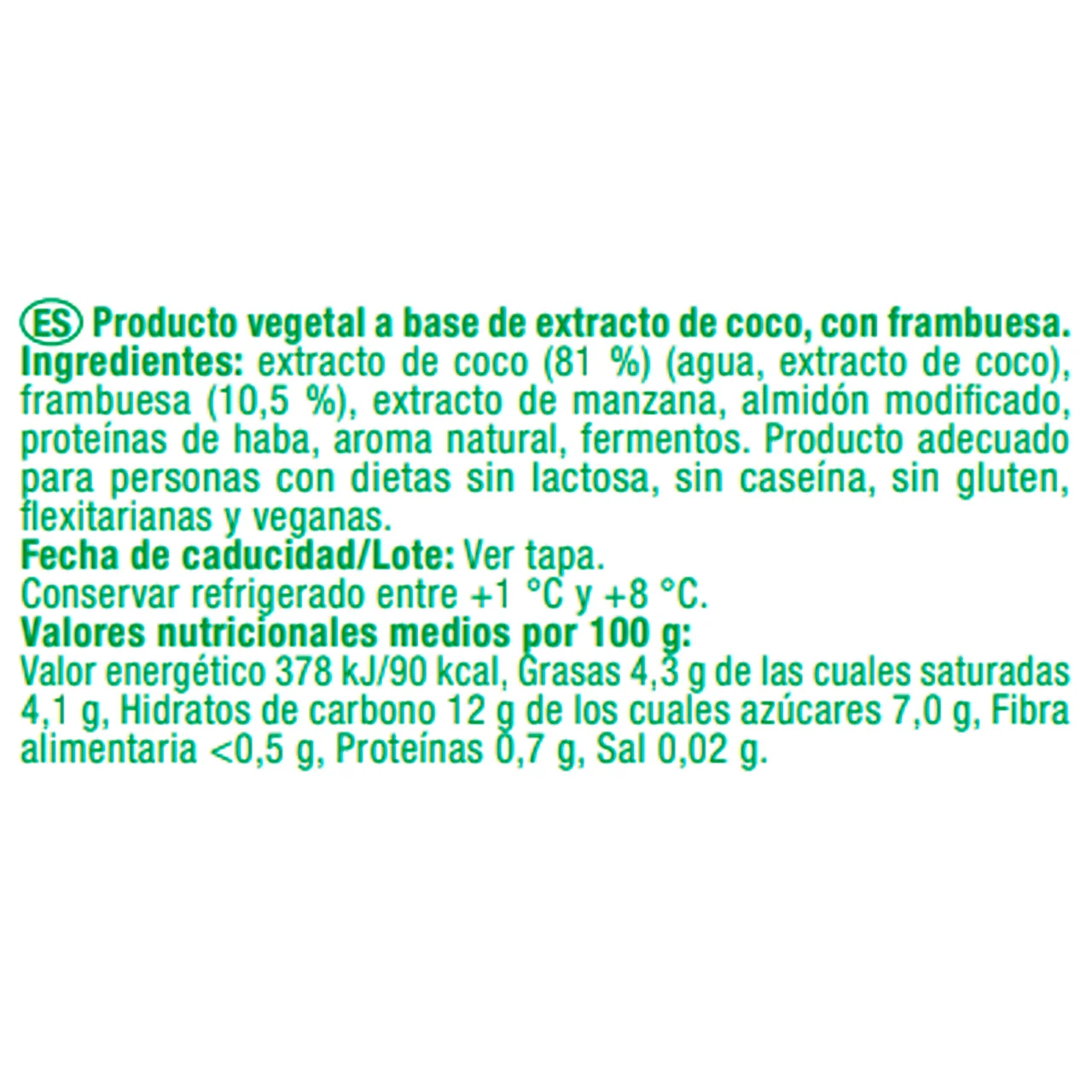 AUCHAN Producto vegetal de coco con frambuesa sin azúcar añadido 150 g. Producto Alcampo.