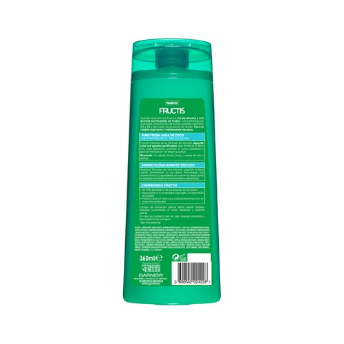 FRUCTIS Pure fresh de Garnier Champú fortificante sin parabenos ni siliconas, para raíces grasas y puntas secas 360 ml.