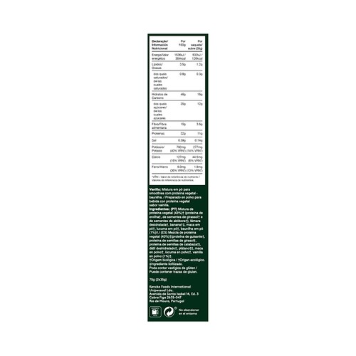 KENCKO Mix de proteinas vegetales con frutas deshidratadas y sabor a vainilla 2 x 35 g.