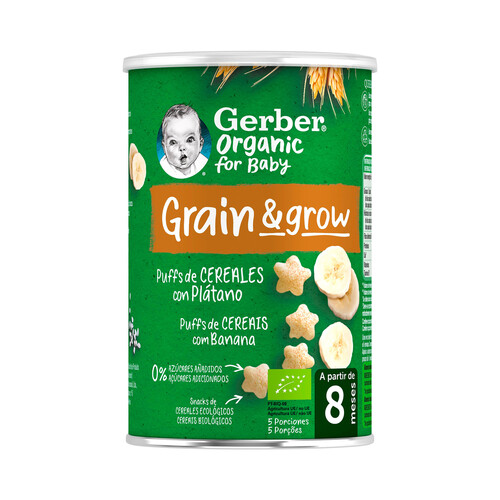 GERBER Snacks de cereales ecológios con plátano, a partir de 8 meses GERBER Organic grain & grow 35 g.