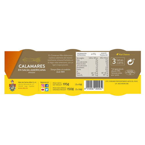 ALBO Calamares en salsa americana en trozos ALBO lata de 3 uds x 65 g.