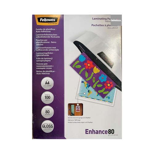 Pack de 100 fundas para plastificar A4, brillo, 80 mircras FELLOWES.