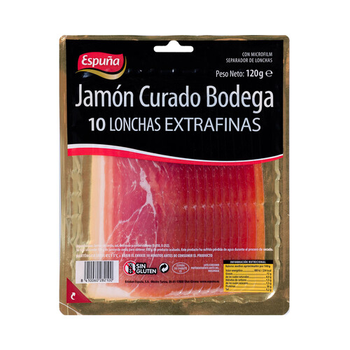 ESPUÑA Jamón curado bodega, cortado en lonchas extrafinas ESPUÑA 120 g.