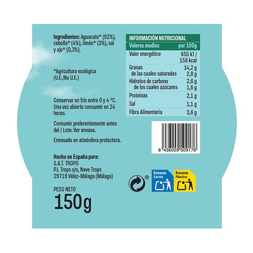 TROPS Guacamole ecológico sin aditivios 150 g.