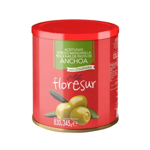 FLORESUR Aceitunas verdes manzanilla rellenas de anchoa FLORESUR, 345 g.