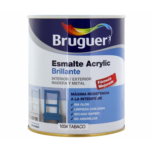 Esmalte decorativo acrílico de color marrón tabaco y acabado brillante BRUGUER 0,75 litros 1 unidad.