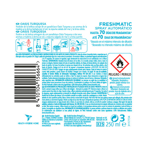 AIR WICK Ambientador Oasis Turquesa- Recambio AIR WICK FRESHMATIC 250 ml.
