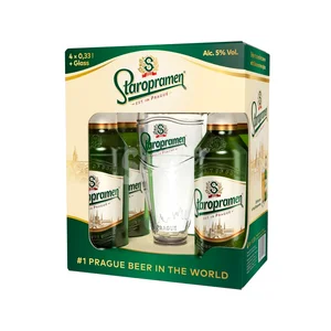 STAROPRAMEN Pack de cerveza rubia pilsner checa 4 botellas de 33 centilitros + vaso