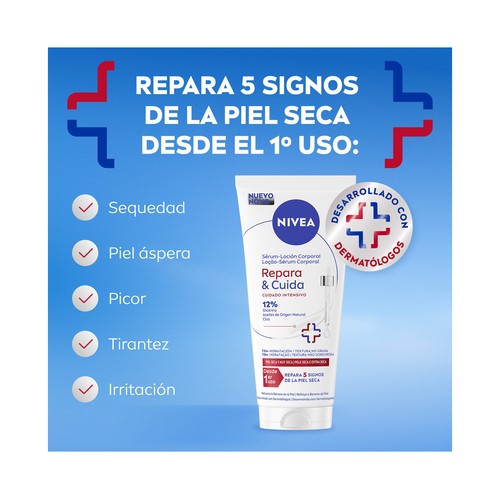 NIVEA Repara & cuida Sérum-loción corporal hidratante y protectora, para piles secas y muy secas 200 ml.