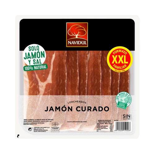 Jamón curado cortado en lonchas, elaborado sin gluten NAVIDUL 230 g.
