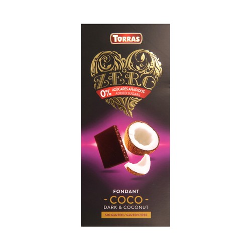 TORRAS Chocolate negro sin azucares añadidos, negro, coco 125 g.