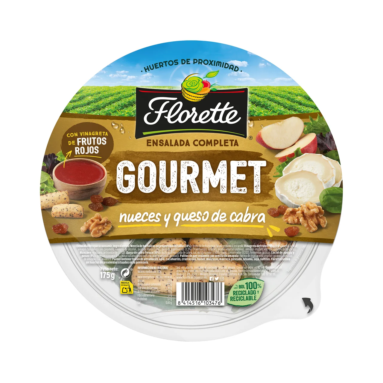 Ensalada de queso de cabra, nueces y manzana lista para consumir 180 g.