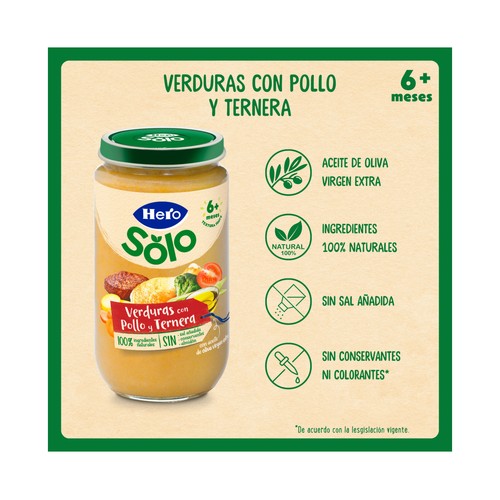 HERO Solo Tarrito de verduras con pollo y ternera (textura suave), a partir de 6 meses 235 g.