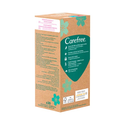CAREFREE Cotton natural Protegeslip (salvaslips) normal, de algodón orgánico, hipoalergénicos y transpirables 30 uds.