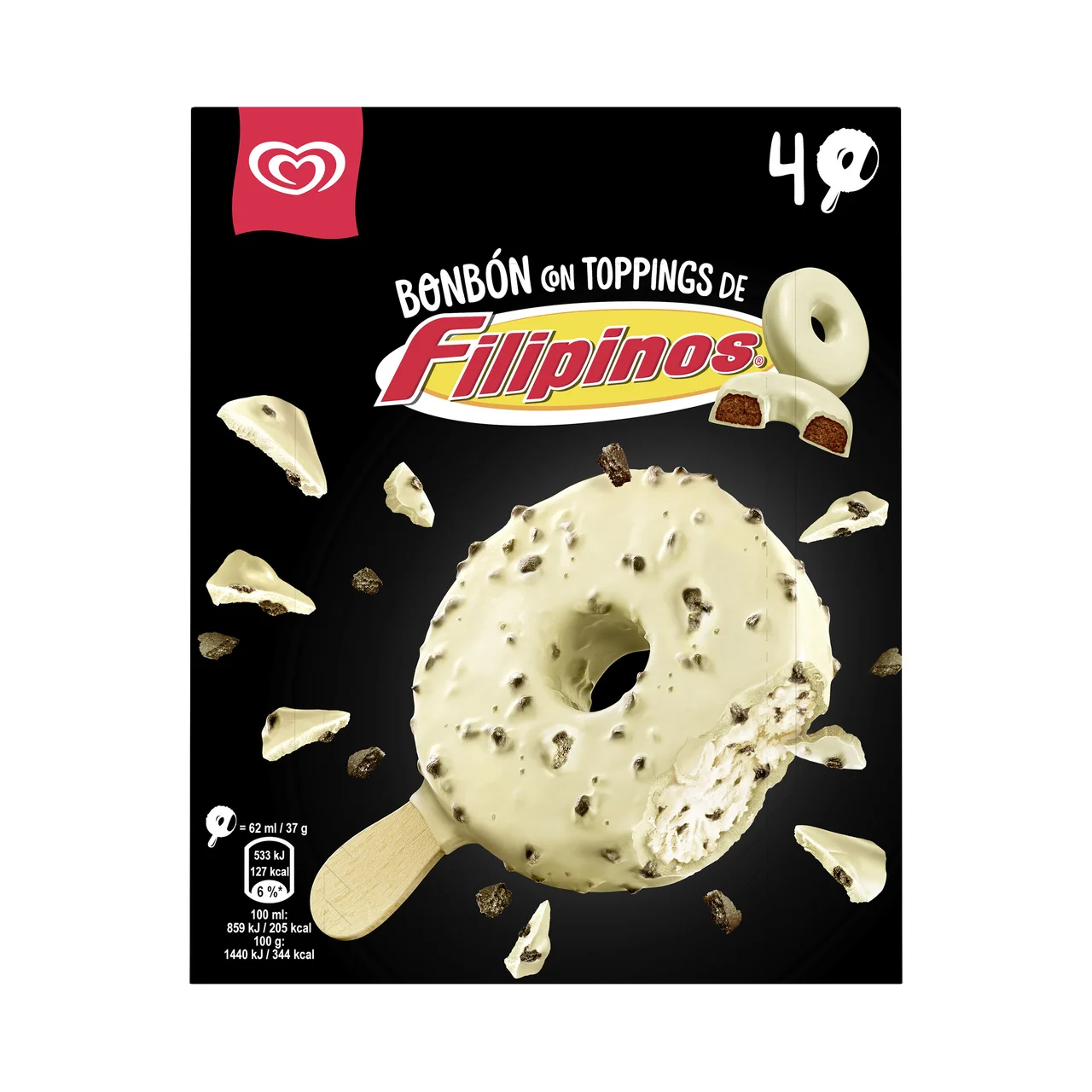 Bombón helado de galleta con cobertura y trocitos de Filipinos 4 x 62 ml.