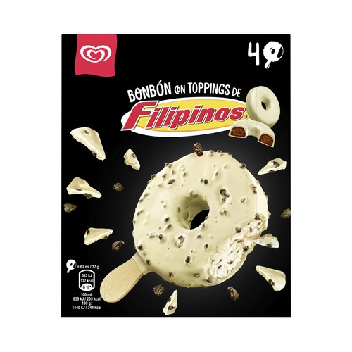 FRIGO Bombón helado de galleta con cobertura y trocitos de Filipinos 4 x 62 ml.