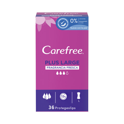 CAREFREE Salvaslips extra largos y super absorbentes con fragancia fresca CAREFREE Plus large 36 uds.