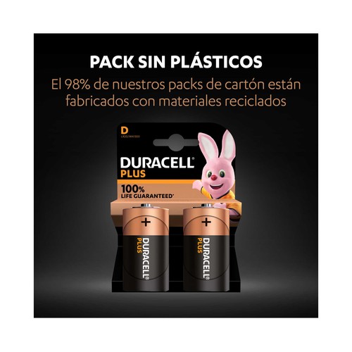 Pack de 2 pilas alcalinas D, LR20, 1,5V, DURACELL Plus.