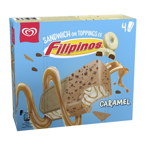 FRIGO Sandwich de helado de caramelo con cobertura de Filipinos 4 x 130 ml.