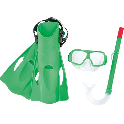 Set de snorkel con gafas, tubo y aletas +7 años, color verde o azul, ESSENTIAL.