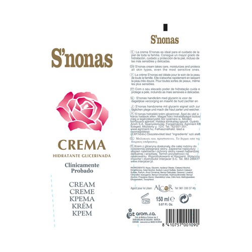 S´NONAS Crema hidratante y reparadora con glicerina, para manos y pies S´NONAS 150 ml.