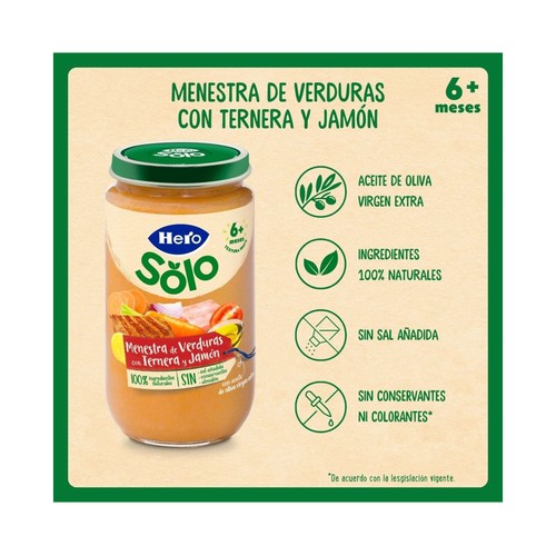 HERO Solo Tarrito de menestra de verduras con ternera y jamón, a partir de 6 meses 235 g.