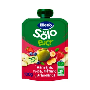 HERO Solo bio Bolsita de fruta (manzana, fresa, plátano y arándanos) ecológicas, a partir de 4 meses 100 g.