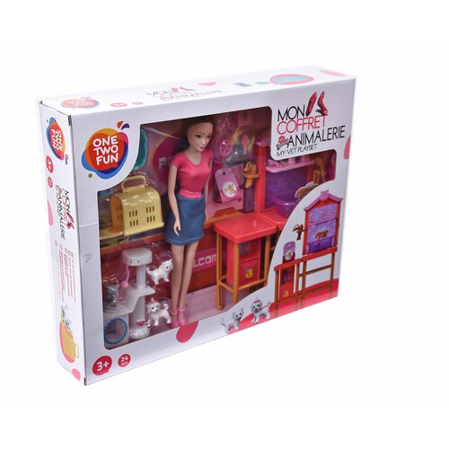 Clínica de mascotas con muñeca y accesorios, ONE TWO FUN ALCAMPO.