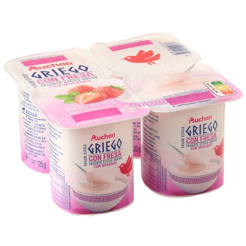 AUCHAN Yogur al estilo griego con pulpa de fresa 4 x 125 g. Producto Alcampo