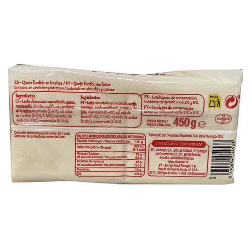 PRODUCTO ECONÓMICO ALCAMPO Queso fundido en lonchas PRODUCTO ECONÓMICO ALCAMPO 450 g.