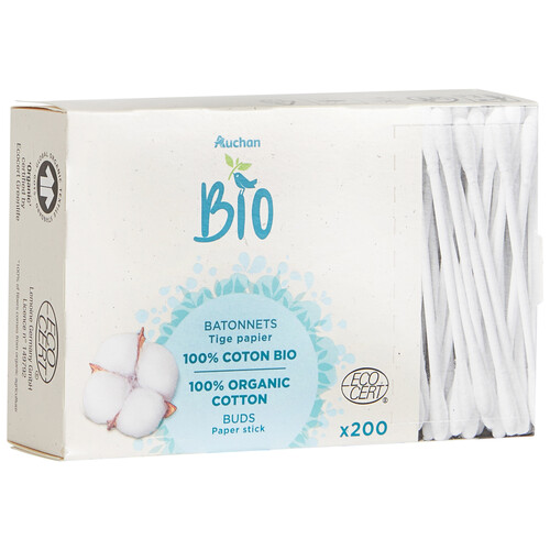 PRODUCTO ALCAMPO Bio Bastoncillos extra suaves con palo de papel, elaborados con algodón orgánico 100% 200 uds.