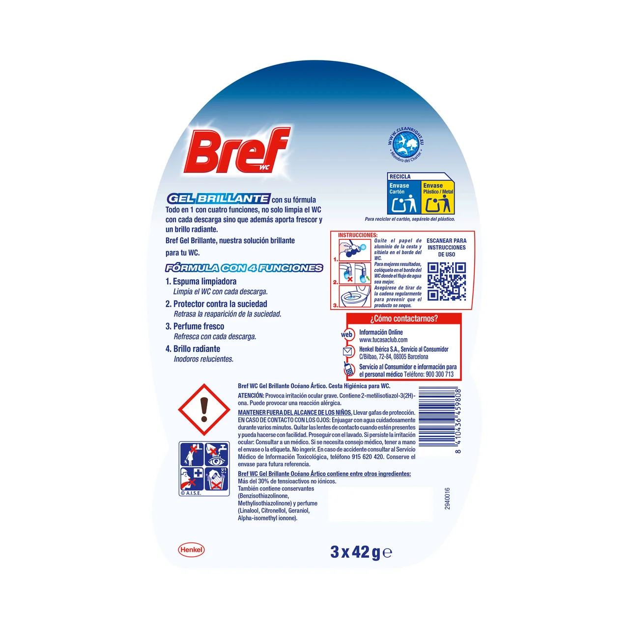 BREF Gel brillante Colgadores para WC 4 en 1 aroma oceano ártico 3 uds.