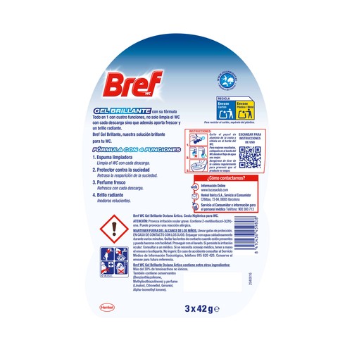 BREF Gel brillante Colgadores para WC 4 en 1 aroma oceano ártico 3 uds.