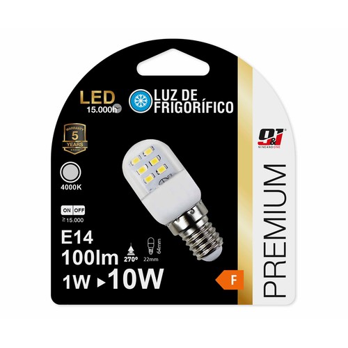 Bombilla Led especial frigorífico E14, 1W=10W, luz neutra 4000K, NINE&ONE.