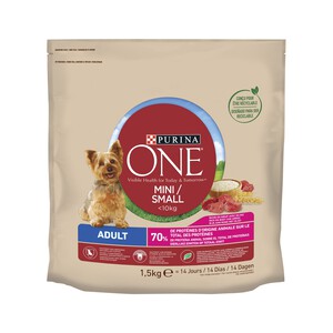 PURINA ONE Comida para perros adultos de raza pequeña a base de buey y arroz PURINA ONE MINI 1,5 kg.