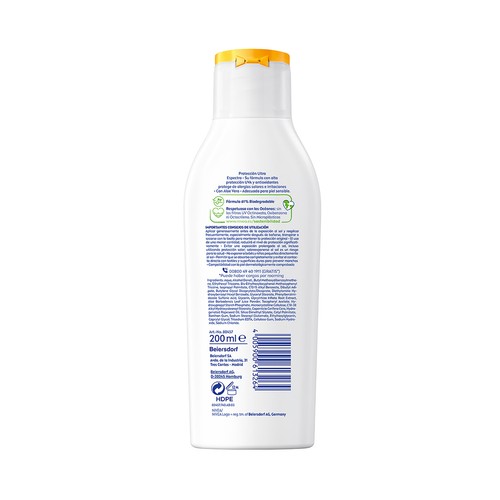 NIVEA Sun sensitive protección Leche solar resistente al agua, sin perfume y con FPS 50+ (muy alta) 200 ml.