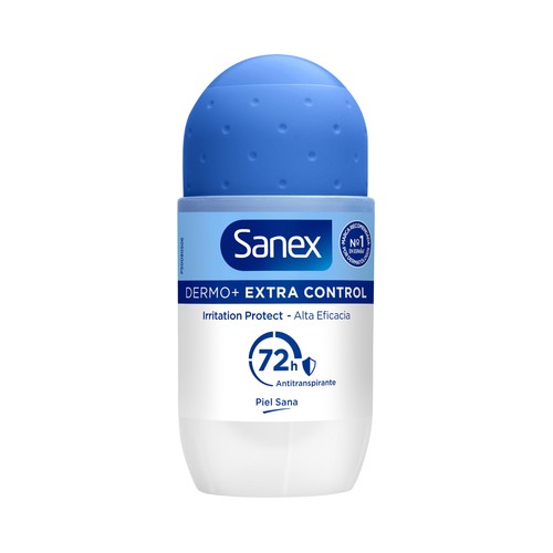 Desodorante roll on para mujer con protección antitranspirante y anti manchas SANEX Dermo extra control 50 ml.