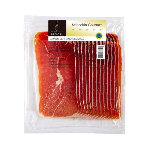 Jamón serrano reserva, cortado en lonchas y envasado al vacio PRIMER LINAJE Selección gourmet 200 g.