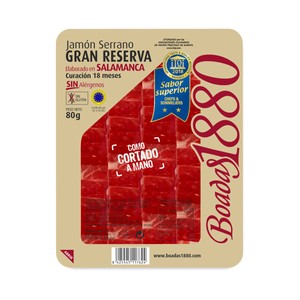 BOADAS Jamón serrano gran reserva, con curación de 18 meses y cortado en finas lonchas BOADAS 1880 80 g.