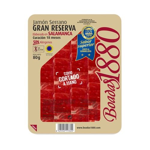 Jamón serrano gran reserva, con curación de 18 meses y cortado en finas lonchas BOADAS 1880 80 g.