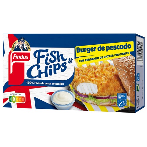 FINDUS Fish & chips Burger de pescado MSC (pesca sostenible certificada) con rebozado de patata crujiente 270 g.